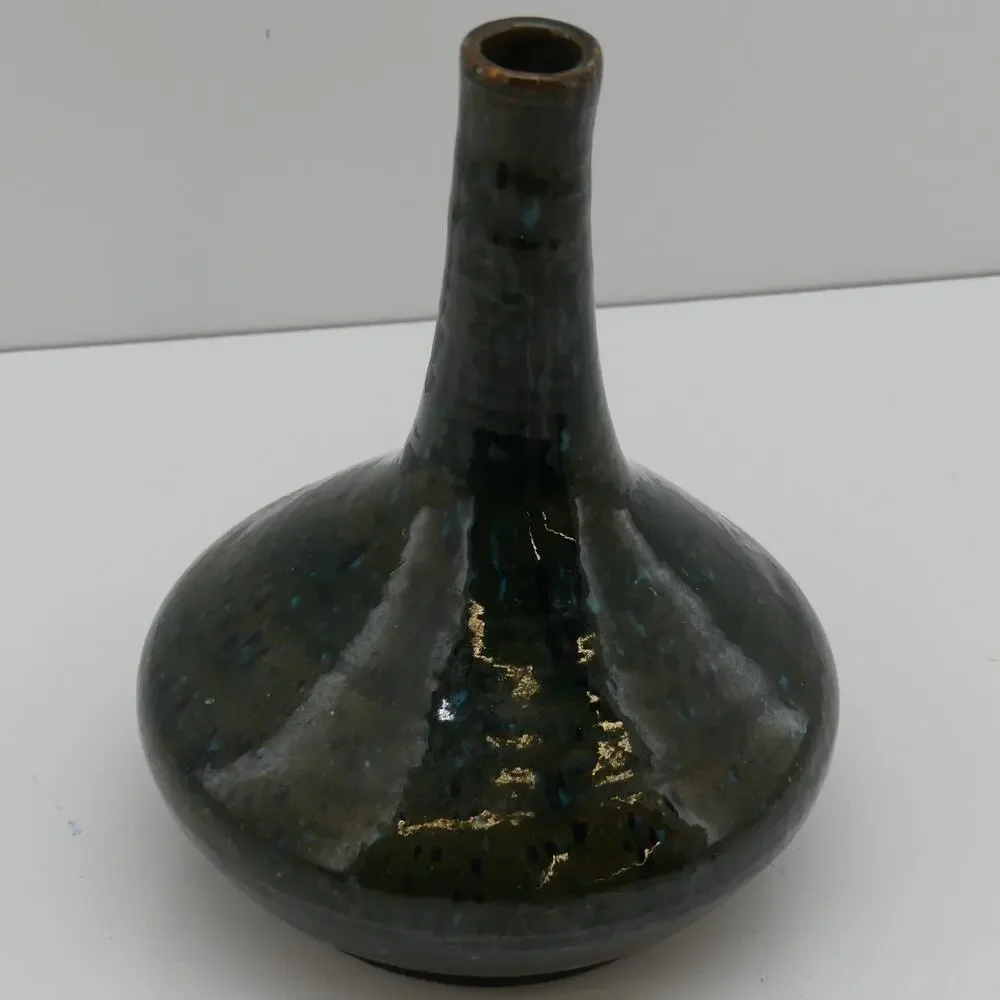 Studio Art Pottery Bottle Vase Green Blue Speckled Glaze Handmade Ceramic Decor